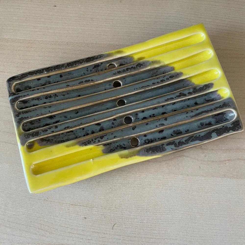 Handmade Ceramic Soap Dish Pottery Yellow Blue Multi Drain Holes Hand‎ Crafted